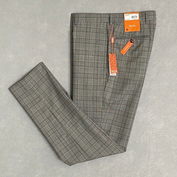 Tallia Men's 32x32 Suit Pant Wool Blend Stretch Cream/Brown Plaid NEW